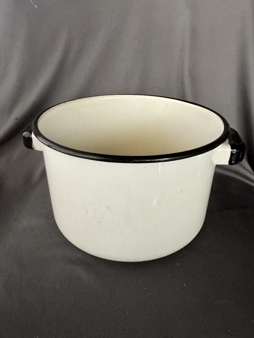 Vintage White Enamel Stock Pot Black Rim Farmhouse Camp Cooking 8” Pot